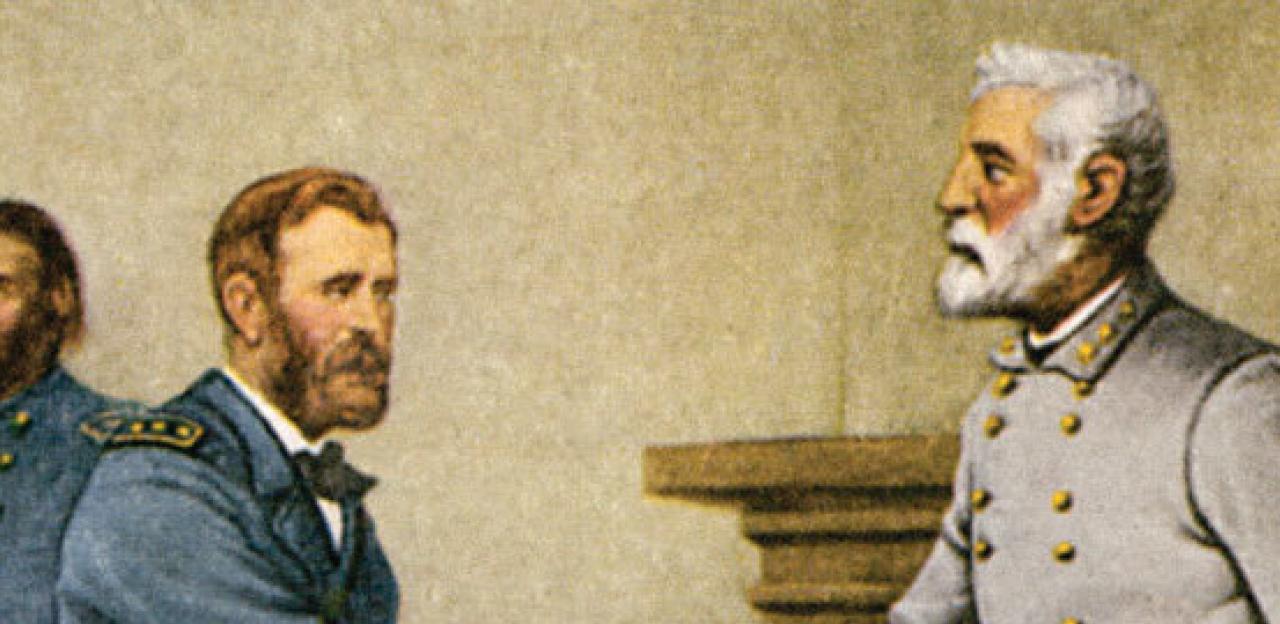 This painting depicts Robert E. Lee's surrender at Appomattox Court House.